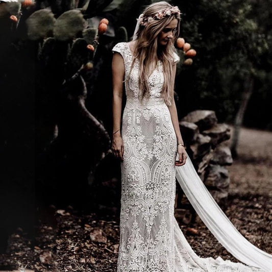 V-Neck Sleeveless Embroidered Lace Beach Wedding Dresses