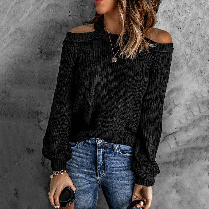 Women's Round Neck Loose Long Sleeve Off Shoulder Pullover Sweater