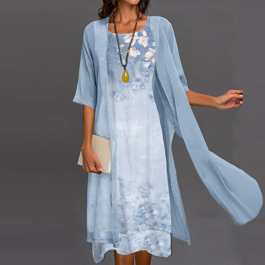 Elegant Floral Short sleeve Woven Dress Two Piece