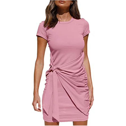 Women Solid Color Dress Crew Neck Pleated Bow Dress