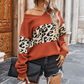 Women's V-Neck Colorblock Leopard Knit Sweater