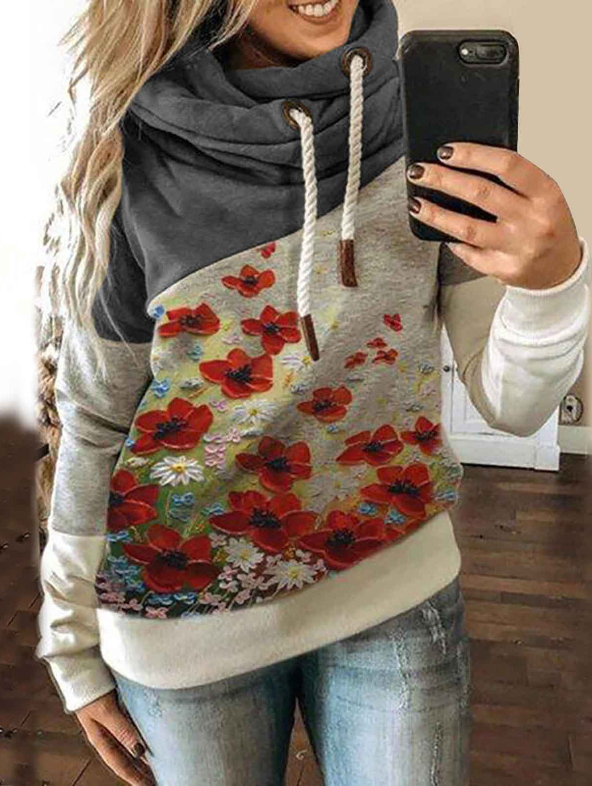 Women's Flower Printed Drawstring Scarf Collar Sweatshirt