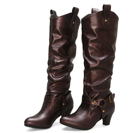 High Quality Woman Pleated Leather Vintage Boots