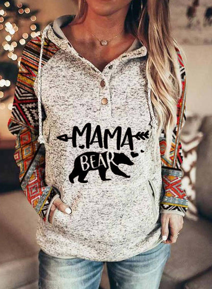 Women's Hooded Mama Bear Hoodie Plaid Sleeve Pocket Sweatshirt