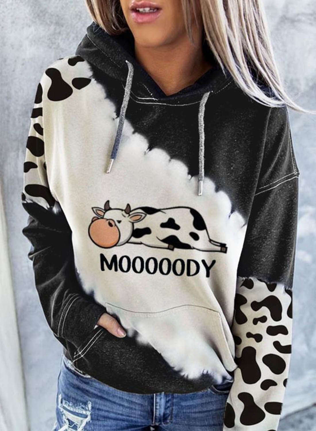 Women's Cow Mooooody Pocket Hoodie Sweater Sweatshirt