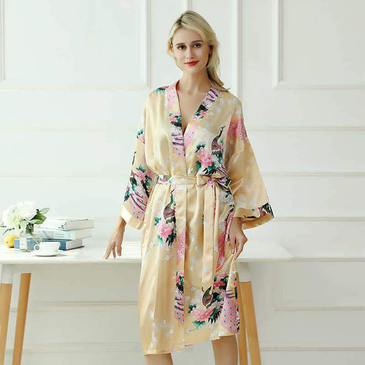 Women's Peacock Printing Long Ultra-thin Night-Robe