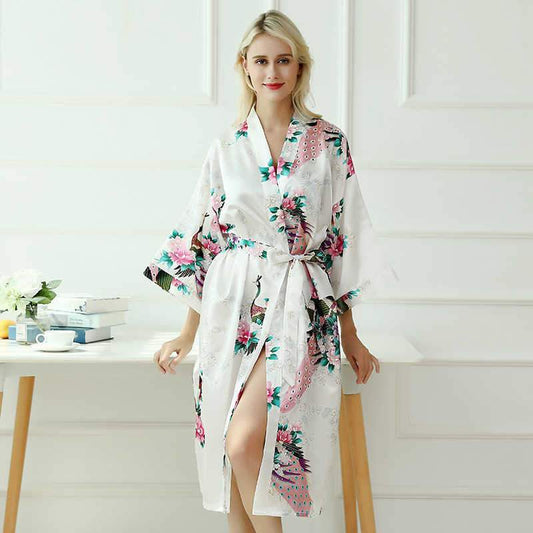 Women's Peacock Printing Long Ultra-thin Night-Robe