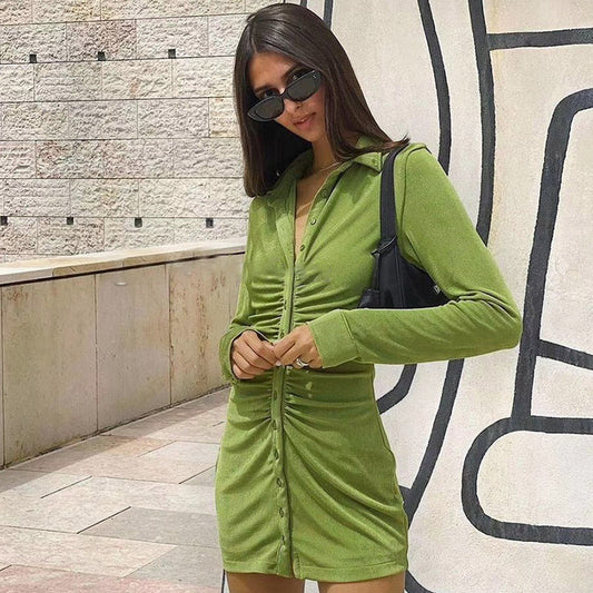 Women Sexy Shirt Dress Pleated Slim Shirt
