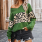 Women's V-Neck Colorblock Leopard Knit Sweater