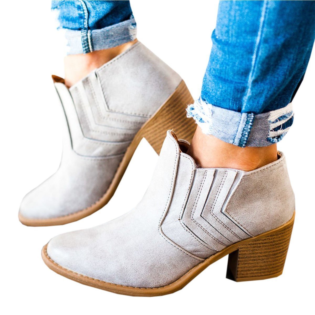 Women's Solid leather Boots Round Toe Heeled Boots Shoes