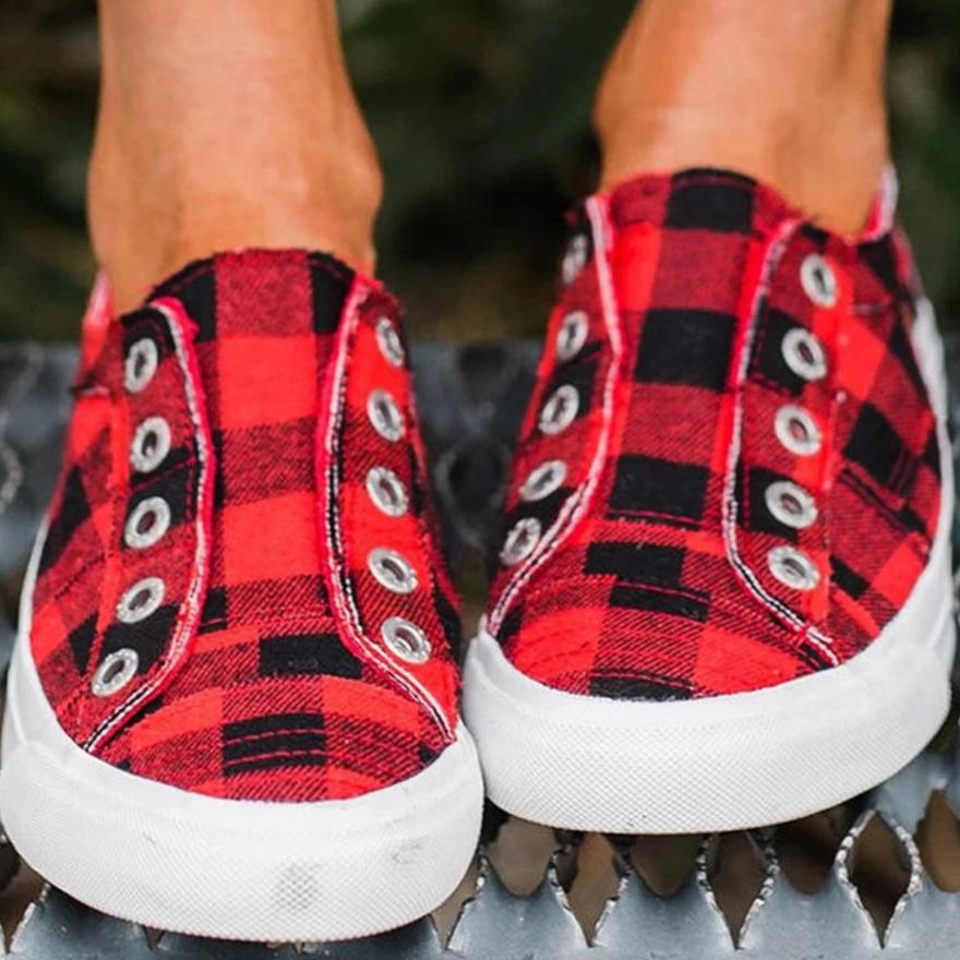 Women's Plaid Slip-On Round Toe Flat Sneakers Shoes