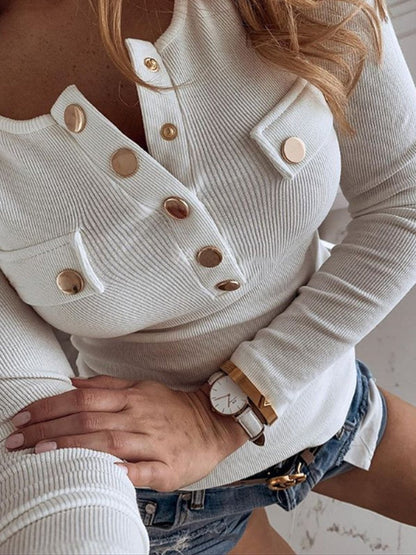 Daily Pocket Button Pure Color Long Sleeve Blouse