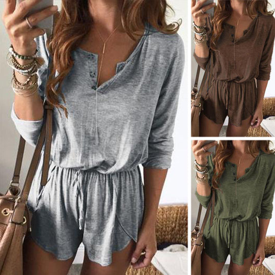 Women's Solid Color Lace-up Long-sleeved Shorts Jumpsuit