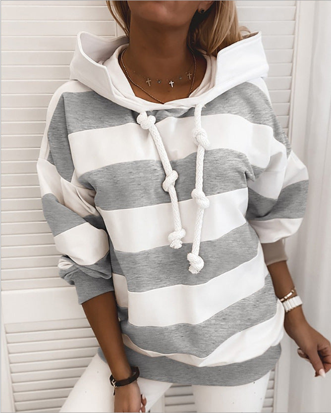 Women's Stripe Drawstring Hoodie Sweatshirt