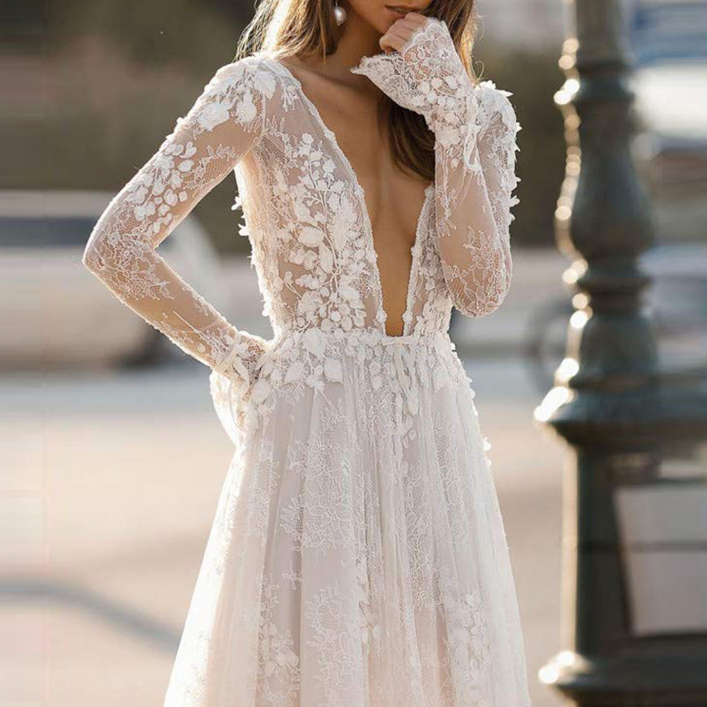 Women's Lace Long-sleeved Holiday Dress Dinner Party Dress