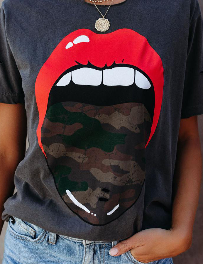 Camo & Red Lips Distressed Cotton Women's T-Shirt