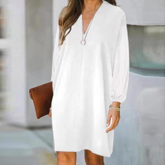 Women's V-neck Long-sleeved Solid Color Loose Dress