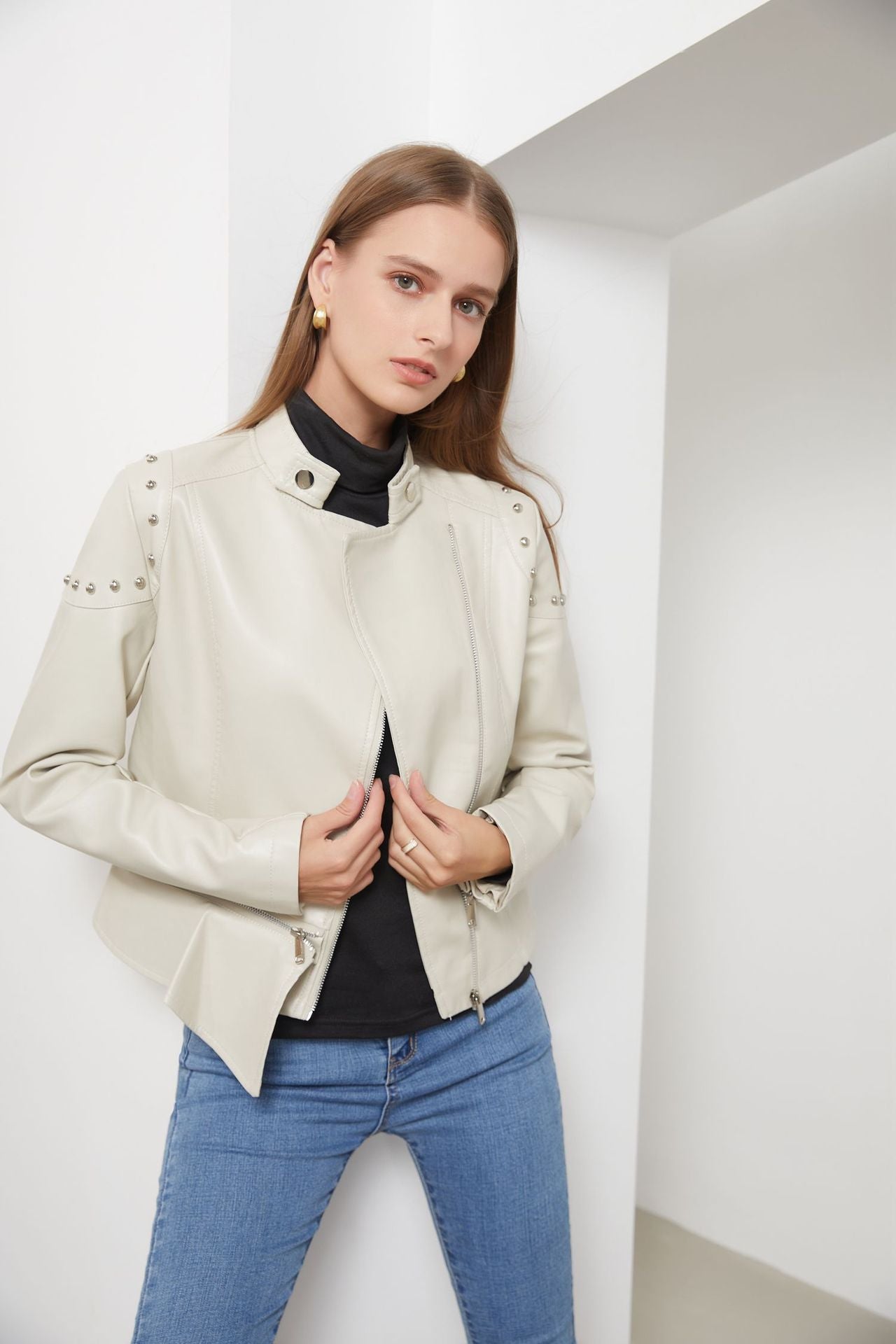 Women's Slim Studded Leather Jacket