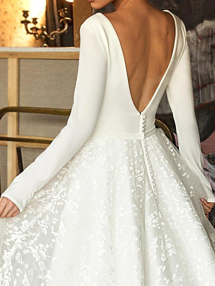 Long Sleeve V-Neck Backless Lace Wedding Dresses – byshoppy