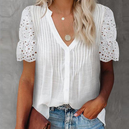 Women's V-neck Pleated Lace Stitching Top