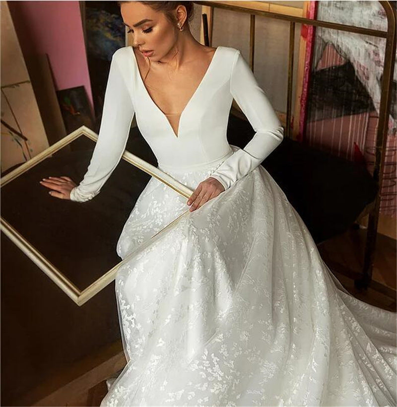 Long Sleeve V-Neck Backless Lace Wedding Dresses – byshoppy