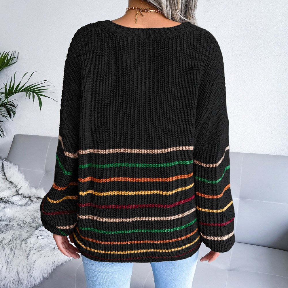 Women's V-neck Striped Casual Loose Sweater