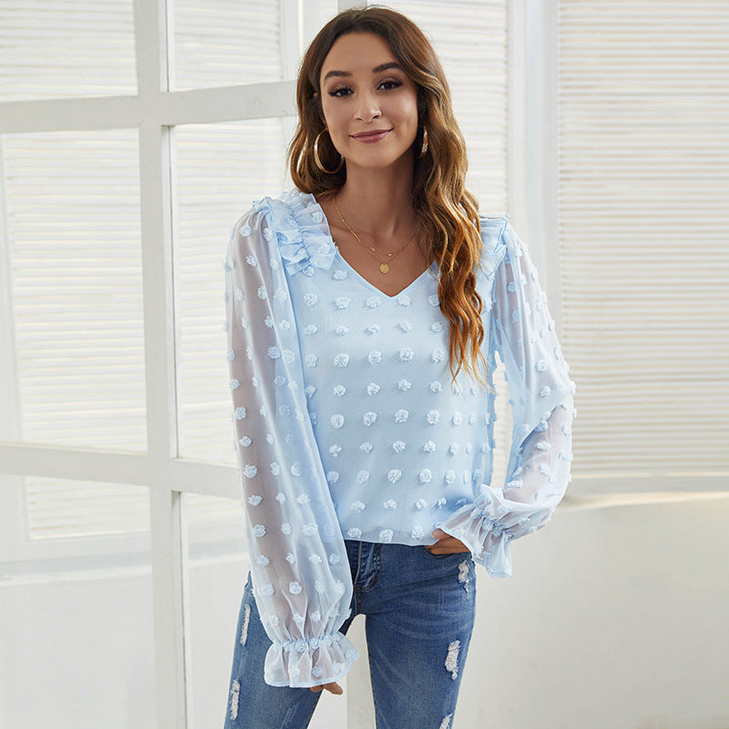 Colorful Ruffled Sleeves Women Solid Color Dot Patchwork Ruffle Sleeves Casual Blouse – byshoppy