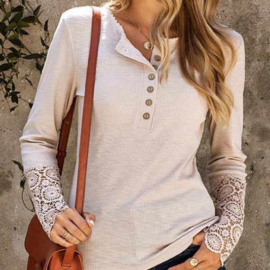 Women's Beige Crochet Lace Hem Sleeve Button Blouse