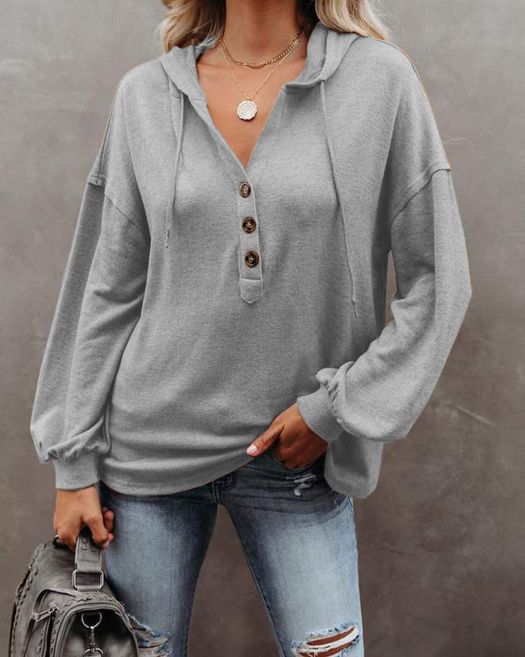 Women's Long Sleeve V Neck Hooded Sweatshirt