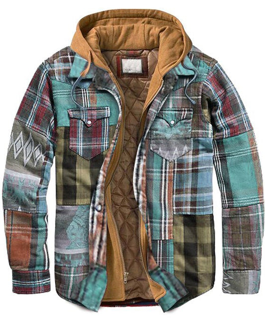 Men's Coat Casual Multicolor Stitching Thick Plaid Hooded Jacket