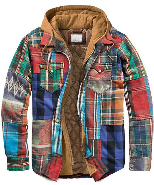 Men's Coat Casual Multicolor Stitching Thick Plaid Hooded Jacket