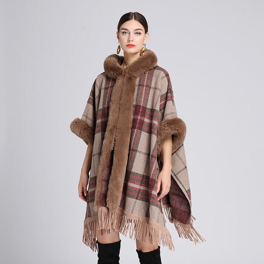 Hooded Shawl Coat With Fur Collar Plaid Coat