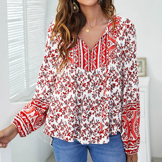 Women's V-Neck Ethnic Print Long Sleeves Blouses