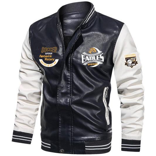 Color Block Stand Collar Standard Patchwork Men's Leather Jacket