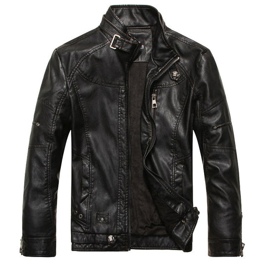 Men's Stand Up Collar Plus Velvet Leather Jacket