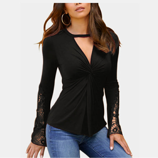 Women's V Neck Long Sleeve Lace Sleeve T-Shirt