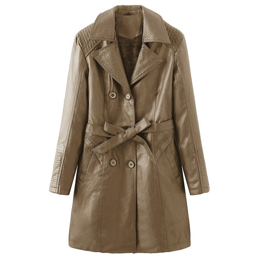 Women's Mid-length Plus Velvet Leather Jacket With Lapel