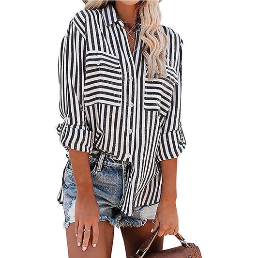Women's Linen Cotton Washed Water Stripe Long Sleeve Blouses