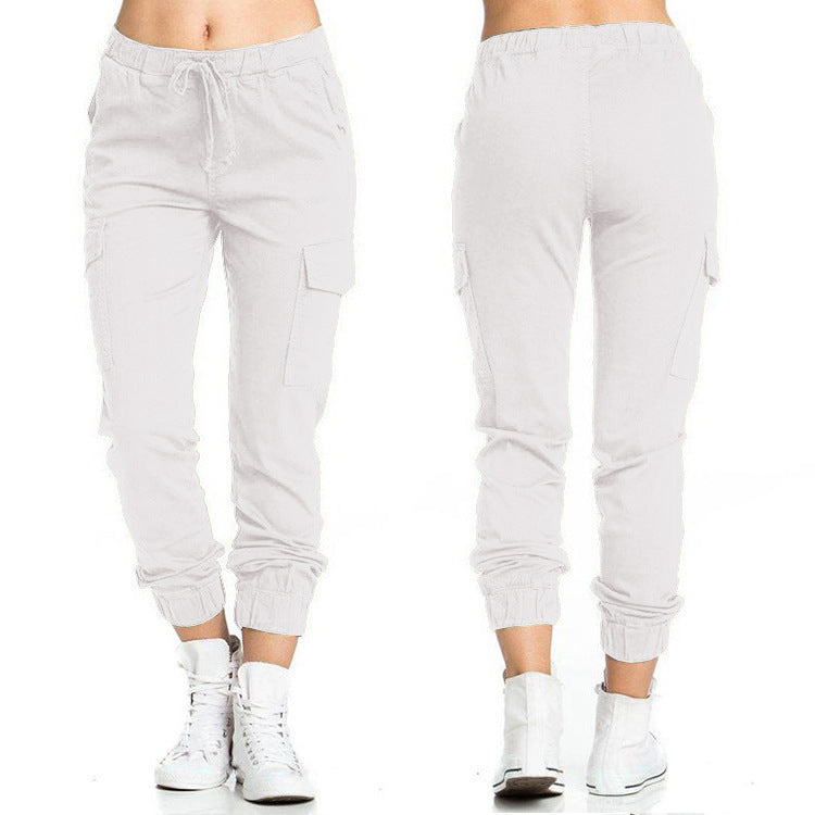 Woman Tooling Casual Elastic Waist String Side Pocket Trousers