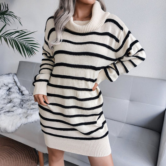 High Neck Striped Knitted Sweater Dress