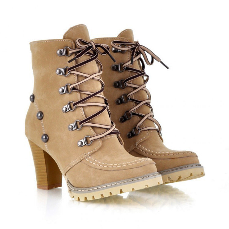 Woman Fashion Lace-up Rivet High Heel Boots