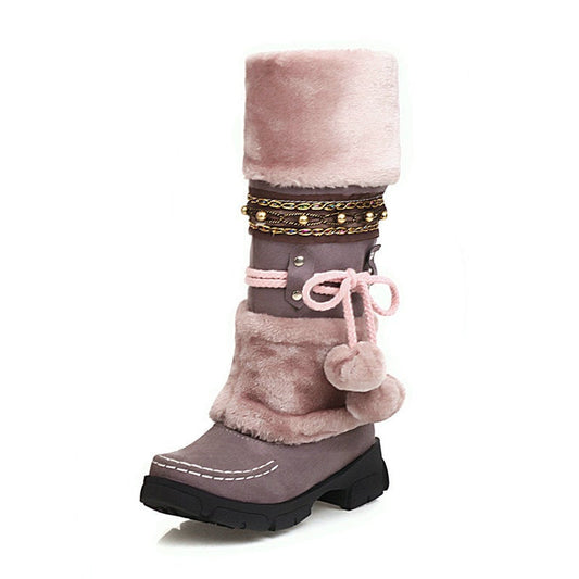 Women's Fur Ball High Boots Warm Ethnic Boots