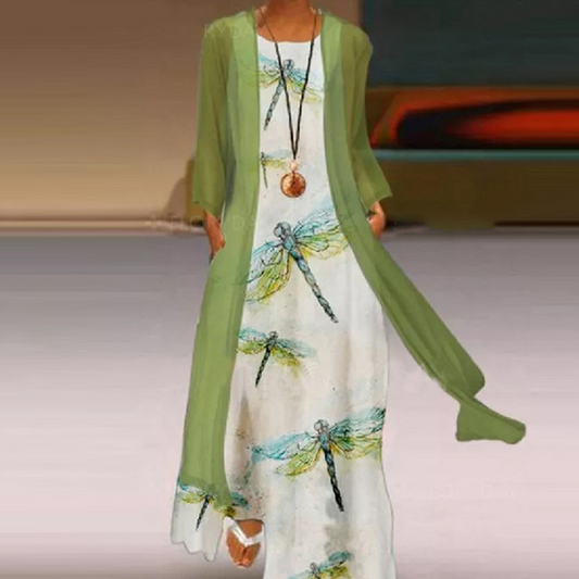 Women's Elegant Round Neck Two Piece Long Sleeve Floral Print Maxi Dress