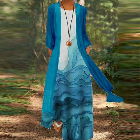 Women's Elegant Round Neck Two Piece Long Sleeve Floral Print Maxi Dress