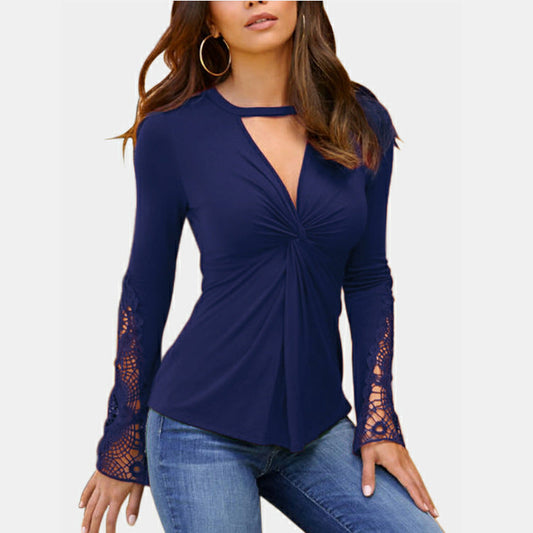 Women's V Neck Long Sleeve Lace Sleeve T-Shirt