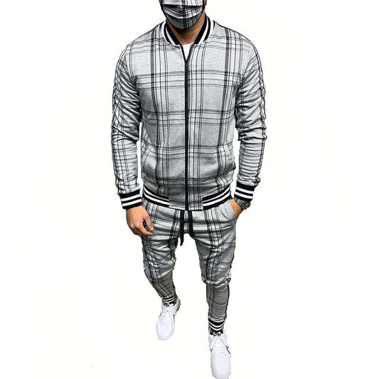Men's Plaid Cardigan Jacket Trousers Sports Suit