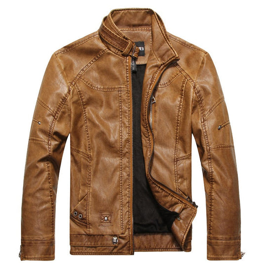 Men's Stand Up Collar Plus Velvet Leather Jacket