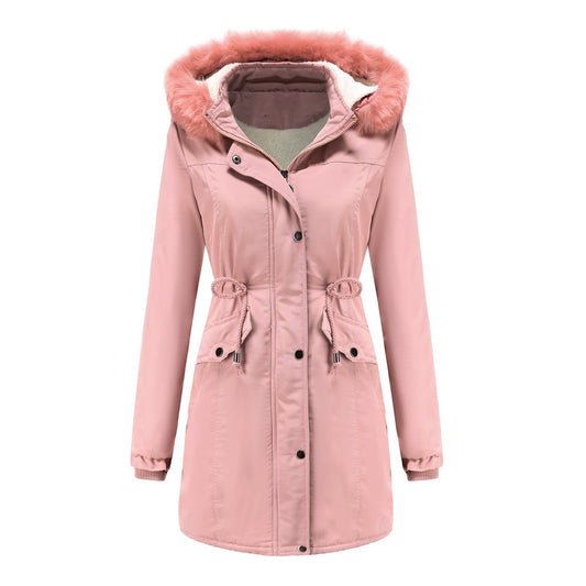 Women's Cotton Padded Detachable Hat Large Fur Collar Coat