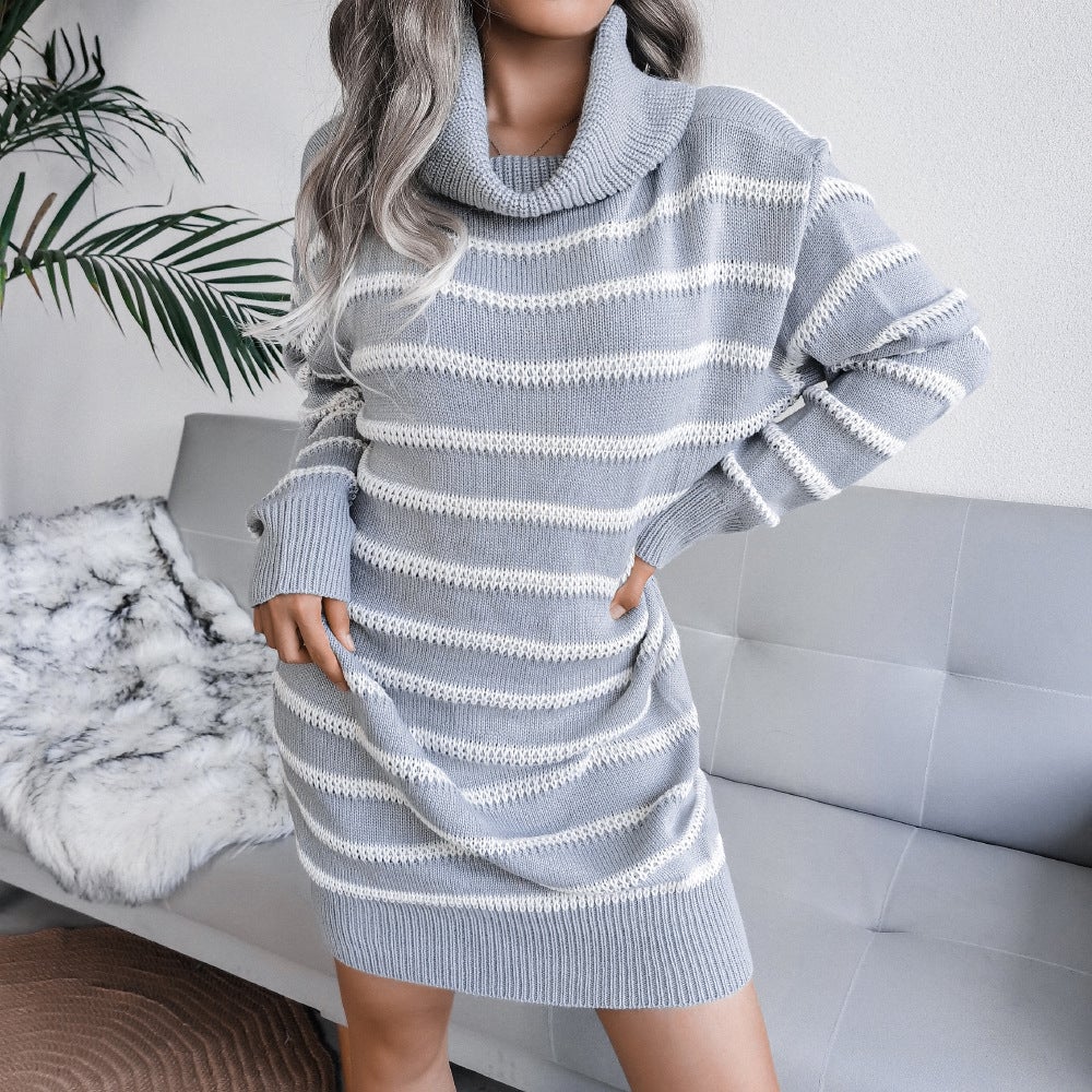 High Neck Striped Knitted Sweater Dress