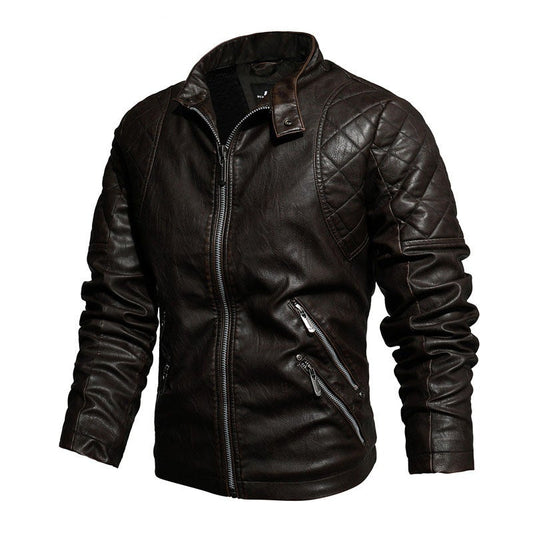 Men Stand Collar PU Leather Jacket Plus Velvet Jacket